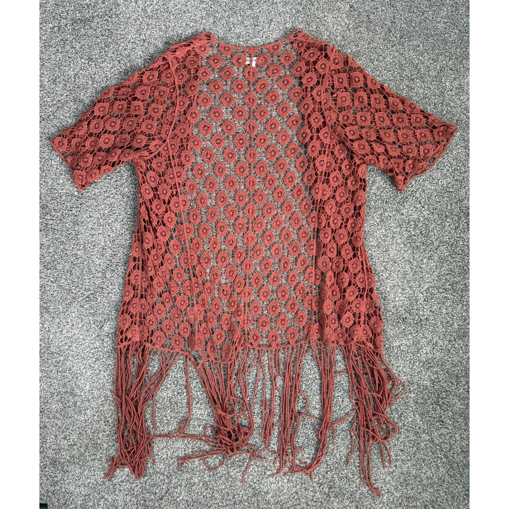 Boho Crochet Fringe Cardigan Rust Open Knit Festival Kimono Duster S - Picture 2 of 8